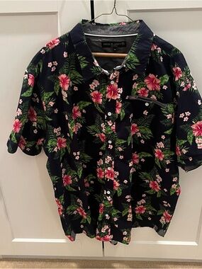 Free Planet Men's Navy Floral Button-Up Shirt With Pink & Green Accents